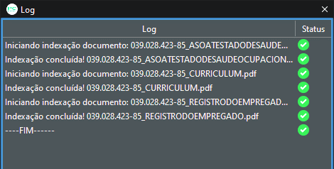 Janela Log da indexação com dados de Autoria