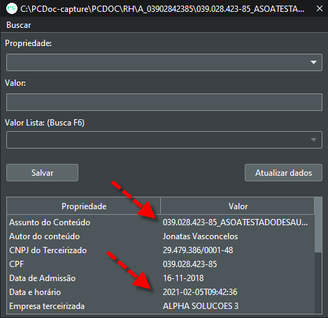 Janela edição de dados das propriedades do documento.