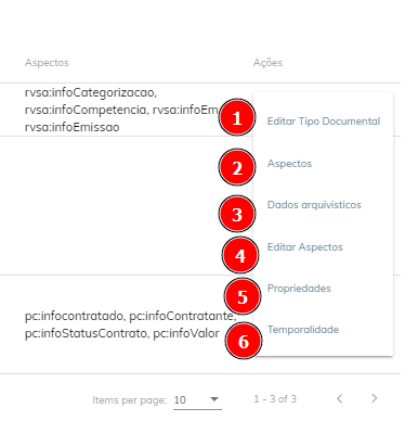 menu de ações