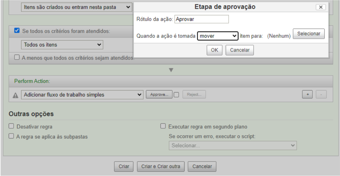 Criação de regras com fluxo de trabalho associado