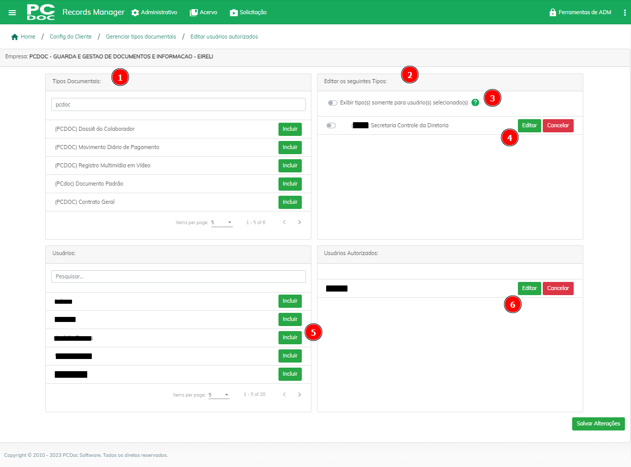 Tela Configurar usuários autorizados