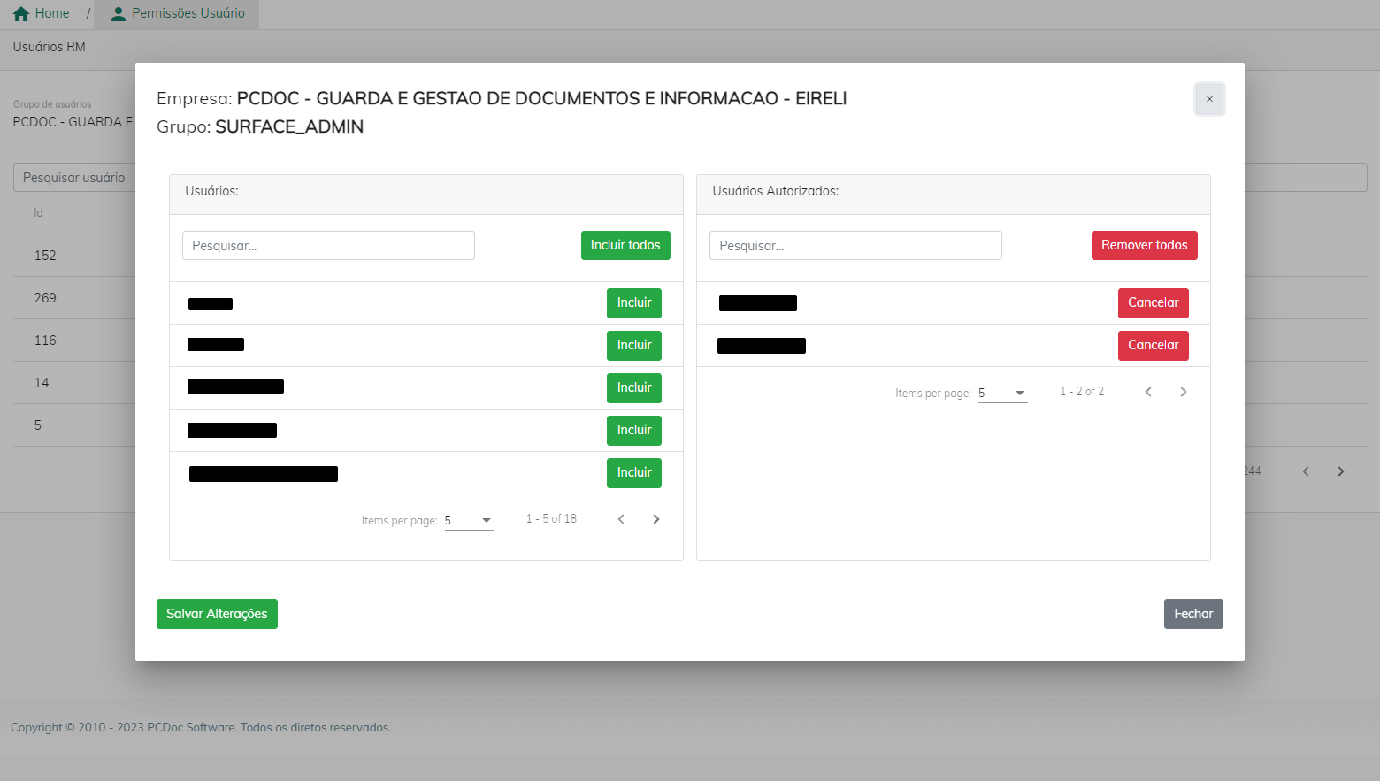 Tela vincular usuários ao grupo